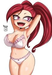 1girls aiba_manami areolae areolae_visible_through_clothing big_breasts bottomwear bra breasts cleavage ear_piercing earrings female female_only hair hands_behind_head hips huge_breasts kurokiart97 la_brava_(my_hero_academia) my_hero_academia nipple_bulge open_mouth panties pink_eyes pink_hair shortstack smile solo solo_female thighs topwear twintails white_bra white_panties