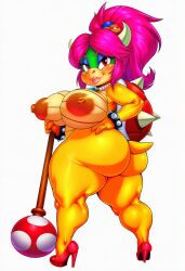1girl ai ai_generated ass blush bracelet breasts collar colored_skin dark_nipples eyeshadow female female_only full_body hair_ornament hand_on_hip high_heels horns huge_breasts huge_nipples jewelry koopa large_areolae lips lipstick long_hair looking_at_viewer looking_back makeup mario_(series) mongrealai nipples nude oc original_character pink_hair ponytail puffy_nipples red_eyes shortstack simple_background smile solo spiked_bracelet spiked_shell spikes staff standing tail thick_thighs thighs turtle_shell white_background whitney_koopa