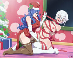 2girls ass blue_eyes blue_hair bondage breasts christmas christmas_outfit christmas_present curvy domination dressed fairy_tail femdom fingering functionally_nude herchi juvia_lockser large_breasts lisanna_strauss multiple_girls naked_ribbon nipples pussy_juice ribbon saliva tattoo thick_thighs thighhighs thighs white_hair yuri