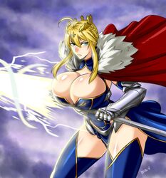 artoria_pendragon artoria_pendragon_(lancer) bare_thighs big_breasts blonde_hair cape cleavage curvy devil-v fate/grand_order fate_(series) green_eyes overflowing_breasts thighs tiara