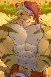 anthro barely_visible_penis bodypaint christmas feline furry furry_only hachi_duchi hat holidays macan_(tokyo_afterschool_summoners) magan male male_focus male_only mammal muscular muscular_male nipples no_humans pecs penis santa_hat tiger tokyo_afterschool_summoners