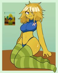 1girls 2d 2d_(artwork) 2d_artwork belly_button blue_crop_top blue_eyes blue_panties blue_thong breasts crop_top digital_drawing_(artwork) digital_media_(artwork) eye_visible_through_hair eyebrows_visible_through_hair feet female female_only green_socks green_stripes green_thighhighs hair looking_at_viewer medium_breasts no_pants noob noob_(roblox) on_knees panties partially_clothed penismaster48 reference_image roblox roblox_avatar robloxian short_hair simple_background sleeveless smile solo stomach striped_thighhighs teeth teeth_showing thick_thighs thighs thong yellow_body yellow_hair yellow_skin