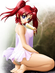 babydoll clothing feet female gundam gundam_seed gundam_seed_destiny ice_cream lingerie looking_at_viewer medium_breasts meyrin_hawke nightgown no_bra onoe panties purple_eyes red_hair see-through see-through_clothing solo twintails underwear