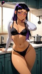 1girls 2025 ai_assisted ai_generated anime artist_name black_bra blackfire bra breasts bust classroom dark-skinned_female dc dc_comics desk explicit hi_res high_quality high_resolution highres kitchen long_hair mole mole_under_eye multicolored_hair navel panties patreon patreon_username purple_eyes purple_hair skypassion solo stable_diffusion teen_titans thick_thighs underwear washing_machine watermark