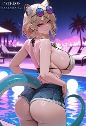 ai_generated animal_ear_fluff animal_ears animal_tail arknights ass ass_hanging_out ass_hanging_out_of_shorts back bare_shoulders bikini blonde_hair blue_shorts blush booty_shorts braid breasts clothing cutoffs denim denim_shorts extra_ears eyewear_on_head female from_behind grey_bikini grin hair_ornament huge_ass interracial large_breasts long_hair looking_at_viewer looking_back low_twin_braids mole netorare night night_sky ntr official_alternate_costume outdoors palm_tree pool poolside purple-tinted_eyewear purple_eyes round_eyewear short_shorts shorts sideboob sky smile snake_tail solo strap_gap striped_bikini striped_clothes sunglasses swimsuit tail thighs tinted_eyewear twin_braids utage_(arknights) utage_(summer_flowers)_(arknights) vantawaifu vertical-striped_bikini water wet x_hair_ornament