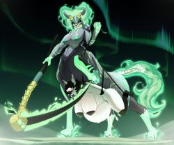 anthro aura bat belly big_breasts black_hair black_nipples bodily_fluids bone bound breasts bulge chain_leash chained chains cum cum_inside desert dominant dominant_gynomorph dominant_intersex dominant_taur duo ectoplasm ejaculating_on_another ejaculation equid equine female genital_fluids glowing glowing_markings green_aura green_eyes grey_body gynomorph gynomorph/female gynomorph_penetrating hair hi_res hooves horn horse inflated_belly inflation intersex intersex/female intersex_penetrating leaf-nosed leash mammal markings melee_weapon microbat nipples penetration polearm schorl scythe sex skull skull_head soleilly stomach_bulge taur taur_penetrating vampire weapon white_body yangochiropteran