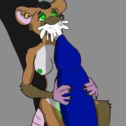 ambiguous_gender animal_genitalia animal_penis anthro blue_penis bodily_fluids brown_body brown_fur cum cum_in_mouth cum_inside duo facial_piercing female fur genital_fluids genitals glowing glowing_eyes glowing_genitalia glowing_vulva green_eyes green_nipples grey_body grey_fur hi_res knot knotted_penis licking mammal micro multiple_piercings murid murine nipples nose_piercing oral penile penis penis_lick piercing rat regranaas_(weenpeen) rodent sex tongue vulva weenpeen white_body white_fur