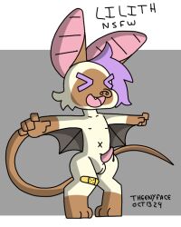 >w< anthro bandage bat big_ears genitals hair lilith_(lava_lilac) long_tail male mammal mexican_free-tailed_bat model_sheet penis purple_hair small_penis solo tail theenyface wings