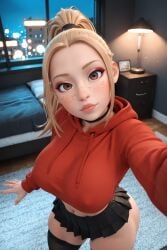 1girls 3d 3d_(artwork) ai_generated big_ass big_breasts blonde_female blonde_hair breasts busty choker crop_top hoodie large_breasts petite petite_body ponytail radnsad selfie short_skirt sindy(oc) solo solo_female solo_focus thick_ass thick_thighs thighhighs