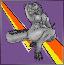 abs absurd_res anthro ass backsack balls big_butt breasts claws dinosaur female genitals grey_body grey_scales hi_res lovemummification muscular muscular_female nipples non-mammal_breasts non-mammal_nipples nude nude_female overbite prehistoric_species rachel_varex reptile saurischian scales scalie scar simple_background smile smiling_at_viewer solo tail teeth theropod thick_thighs toe_claws tyrannosaurid tyrannosauroid tyrannosaurus tyrannosaurus_rex