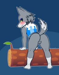 2017 aliasing andromorph animal_crossing anthro ass bent_over black_nose blue_background blush bottomless canine clothed clothing cuntboy dakkpasserida digital_media_(artwork) fang_(animal_crossing) fur furry furry_only grey_fur intersex log looking_at_viewer looking_back mammal mostly_nude multicolored_fur naked nintendo nude partially_clothed presenting presenting_hindquarters presenting_pussy pussy pussy_juice raised_tail rule_63 simple_background solo solo_focus sweater tail topwear video_games white_fur wolf wood yellow_eyes