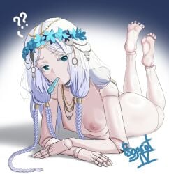1girls ?? ass blue_eyes braid chewing chewing_object doll doll_joints elden_ring elden_ring_nightreign esgarot_iv feet flexible_toes flower flower_crown fromsoftware joints lying lying_on_stomach nipples object_in_mouth revenant_(nightreign) small_breasts spread_toes starlight_shard toes white_hair