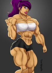 abs bare_shoulders breasts cyclops extreme_muscles female futurama lips long_hair looking_at_viewer muscles muscular muscular_female navel ponytail purple_eyes purple_hair roemesquita solo thick_thighs thighs turanga_leela