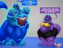 3_toes 4_fingers animal_humanoid anthro ass belly big_belly big_breasts big_butt big_feet big_penis blue_body blue_fur blue_hair bovid bovid_horn breast_expansion breast_growth breast_growth_(enlargement) breasts bulge canid canine caprine caprine_demon caprine_horn claws cottonball_demon cybernetics cyborg demon duo expansion feet fingers fur genitals grimoire growth gynomorph hair hi_res horn humanoid intersex long_tail machine magic magic_user mammal mammal_humanoid open_mouth penis protogen protogen_visor purple_body size_difference slightly_chubby slightly_chubby_gynomorph slightly_chubby_intersex smile sokoyo_owo speech_bubble standing starry_(sokoyo_owo) tail text thick_thighs toes vio_(_viomarks_) wide_hips yellow_eyes