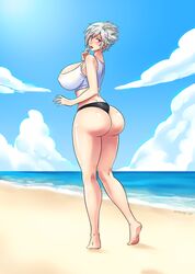 ass backboob beach big_ass big_breasts breasts bubble_ass bursting_breasts devil-v huge_ass huge_breasts red_eyes see-through short_hair silver_hair thick_thighs tight_clothing