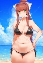 1girls ai_generated beach big_breasts bikini black_bikini breasts brown_hair doki_doki_literature_club female female_focus female_only green_eyes large_breasts light-skinned_female looking_at_viewer monika_(doki_doki_literature_club) ponytail smiling smiling_at_viewer