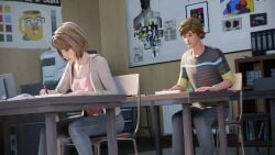 1boy 1girls 3d brown_hair classroom clothed_female female koomer life_is_strange male max_caulfield school teen teenager voyeur voyeurism warren_graham watching