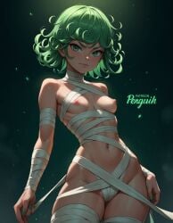 1girls ai_generated anime big_breasts bondage cosplay female female_only green_eyes green_hair halloween_costume mummy mummy_costume nail_polish one-punch_man particles penguih simple_background skinny small_breasts tatsumaki wrapped