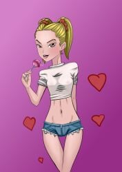 blonde_hair cartoony digital_drawing_(artwork) lolipop naughty_face no_nude original_character razura sexy short_shorts standing thin_waist young younger_female