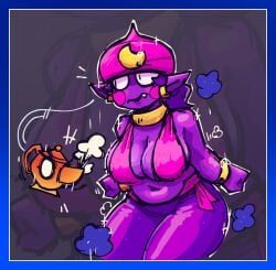 1girls angry big_breasts bra bracelet brawl_stars breasts cleavage female genderswap_(mtf) gene_(brawl_stars) genie_girl genie_lamp hat humanoid lamp looking_away navel pants pointy_ears purple_body purple_skin rule_63 solo thony_690