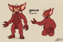 2023 absurd_res artist_name athletic athletic_male balls blin_(tloz) bokoblin ear_piercing ear_ring fiercedeitylynx flaccid genitals hi_res hoglin_(fiercedeitylynx) horn looking_at_viewer male moobs nintendo nipples not_furry nude nude_male overweight overweight_male penis piercing ring_piercing signature simple_background solo teeth text the_legend_of_zelda