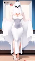 1girls ai_generated boosterred99 costume feet full_body ghost ghost_costume ghost_girl halloween halloween_costume heels high_heels large_breasts legs long_sleeves pony_diffusion_xl sexy_pose solo thighs voluptuous white_dress