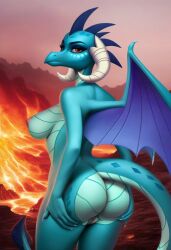 ai_generated anthro ass breasts civitai dragon dragoness female friendship_is_magic looking_at_viewer my_little_pony nickdisneyfan78 nipples nude outdoors pony_diffusion_xl princess_ember_(mlp) realistic rear_view solo standing volcano vulva