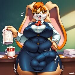 ai_generated balls bulge classroom cum_in_cup detailed_bulge futanari large_breasts penis precum_through_clothing teacher_outfit thick_thighs vanilla_the_rabbit wide_hips