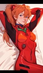 1girls ai_generated arms_behind_head arms_up asuka_langley_sohryu blush large_breasts neon_genesis_evangelion orange_hair plugsuit smile