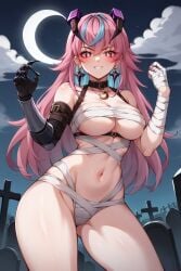 1girls ai_generated blush breasts halloween halloween_costume i_generated latam_virtual_youtuber long_hair looking_at_viewer multicolored_hair mummy mummy_costume night outdoors pink_hair sky_blue_hair solo_female tagme thighs tupadrev4 virtual_youtuber vtuber