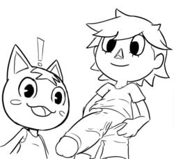 ! animal_crossing anthro big_penis black_and_white clothed clothing duo erection feline female huge_cock human looking_at_penis male mammal monochrome n3f nintendo penis rosie_(animal_crossing) smile vein veiny_penis video_games