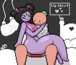 areolae bed big_ass big_breasts big_thighs bondage heart impending_sex muffet pink_bikini pixel_art sitting sling_bikini spider tomato_(okami_tomato) undertale