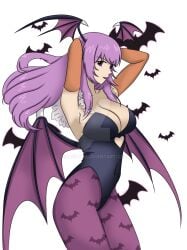 arms_behind_back breasts capcom circe_(sayo-tr) cleavage cosplay covered_navel darkstalkers girl large_breasts mature_female milf morrigan_aensland morrigan_aensland_(cosplay) original original_character purple_eyes purple_hair sayo-tr skimpy_clothes solo tagme transparent_background wings