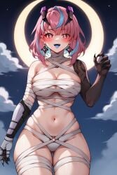 1girls ai_generated blush breasts halloween halloween_costume i_generated latam_virtual_youtuber long_hair looking_at_viewer multicolored_hair mummy mummy_costume night outdoors pink_hair sky_blue_hair solo_female tagme thighs tupadrev4 virtual_youtuber vtuber