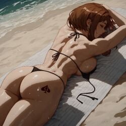 ai_generated ass beach bikini boku_no_hero_academia brown_hair closed_eyes juhc_ lying_on_stomach my_hero_academia ochako_uraraka outdoors queen_of_spades sweat tagme uraraka_ochako