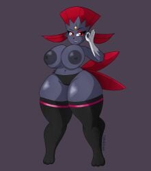 5_fingers absurd_res anthro areola big_areola big_breasts big_legs big_nipples breasts camel_toe curvy_figure female fingers generation_4_pokemon gesture hand_gesture hexami hi_res huge_breasts nintendo nipples ok_sign pokemon pokemon_(species) simple_background smile solo standing thick_thighs voluptuous weavile wide_hips