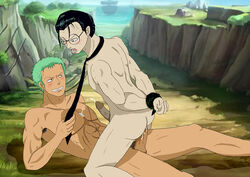 2boys ako_(pixiv) anal bara captain_kuro gay male male_focus male_only multiple_boys necktie nude one_piece outdoors penetration restrained roronoa_zoro scar sex yaoi