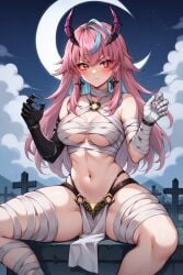 1girls ai_generated blush breasts halloween halloween_costume i_generated latam_virtual_youtuber long_hair looking_at_viewer multicolored_hair mummy mummy_costume night outdoors pink_hair sky_blue_hair solo_female tagme thighs tupadrev4 virtual_youtuber vtuber