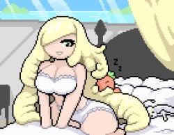 bed big_ass big_breasts blonde_hair chibi lusamine_(pokemon) ocean okami_tomato pheromosa pixel_art pokemon resting sleeping tomato_(okami_tomato) white_bra white_panties