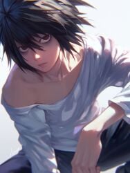 1boy ai_generated anime black_fur black_hair cute dark_circles death_note femboy l_lawliet