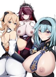 3girls genshin_impact jean_gunnhildr katsuragi_nantoka kujou_sara rosaria_(genshin_impact) tagme