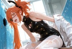 ai_generated bangs bare_shoulders blush breasts dress eyepatch female female_only indoors kermixx koleda_belobog long_hair looking_at_viewer off_shoulder open_mouth orange_eyes orange_hair pantyhose sharp_teeth sitting small_breasts solo teeth torn_clothes torn_pantyhose twintails very_long_hair wet white_pantyhose zenless_zone_zero