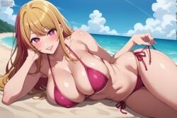 ai_generated athletic_female bare_thighs beach big_breasts bikini bikini_top blonde_hair eroero_waifus hoshino_ruby huge_breasts huge_thighs light-skinned_female light_skin long_hair looking_at_viewer massive_breasts oshi_no_ko pink_eyes shounen_jump+ smiling solo_female squatting star-shaped_pupils sweat sweatdrop thick_thighs thighs voluptuous voluptuous_female