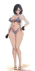 art_teacher_(kesoshirou) bare_belly barefoot belly_button big_ass big_breasts bikini black_hair blue_eyes fluffy_hair gloves high_heels hourglass_figure kesoshirou long_legs milf oc open_shirt original original_character slim_waist small_bra tall_female thick_thighs underboob wide_hips