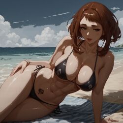 1girls ai_generated beach bikini boku_no_hero_academia brown_hair juhc_ my_hero_academia ochako_uraraka outdoors posing queen_of_spades solo tagme uraraka_ochako