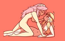 2girls areolae ass bare_arms bare_legs bare_shoulders barefoot blonde_hair breasts feet fire_emblem fire_emblem_fates grabbing hair hanging_breasts headband kneeling large_breasts legs long_hair lowres lying midriff multiple_girls naked nipples nude ophelia_(fire_emblem) pink_eyes pink_hair rollep sex simple_background smile soleil_(fire_emblem) teenager thighs tongue tongue_out yellow_eyes yuri