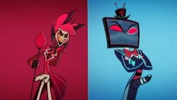 2boys alastor_(hazbin_hotel) blush deer embarrassed gay hazbin_hotel horns red_hair screencap screenshot screenshot_edit sensua_arts tv_head vivziepop vox_(hazbin_hotel)