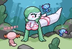 big_breasts bikini bubbles gardevoir nami_(okami_tomato) okami_tomato pixel_art pokemon pokemon_(species) seabed striped_bikini underwater wholesome wooper