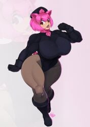 1girls 2024 big_breasts boots commission female female_only headwear hi_res huge_breasts looking_at_viewer pantyhose pig_ears pig_girl pink_hair red_eyes solo thick_thighs tovio_rogers