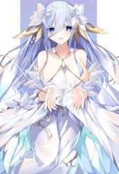 2d 2d_(artwork) ass big_breasts blue_eyes breasts cleavage clothed date_a_live dress flower_ornament jam(pixiv) light-skinned_female long_hair ornament solo solo_female takamiya_mio thighs white_hair